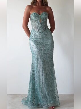 Oh Hello Elyse Glitter Strapless Gown Prom Dress Medium Sage Turquoise Corset